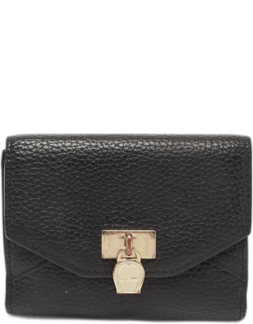 Aigner Black Leather Envelope Flap Compact Wallet