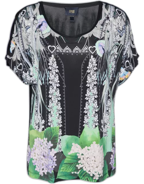 Cavalli Class Black Printed Jersey Relaxed Fit T-Shirt