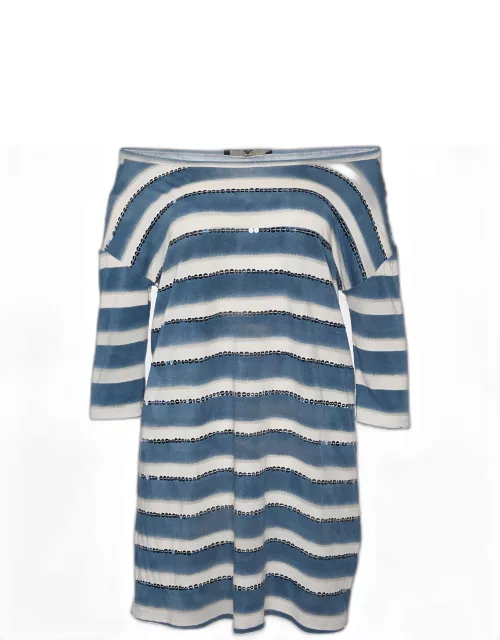 Weekend Max Mara White & Blue Cotton Striped Sequin Embellished Top
