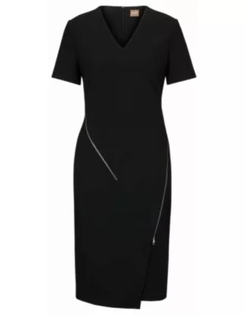 V-neck dress with zip details- Black Women's Business Dresse