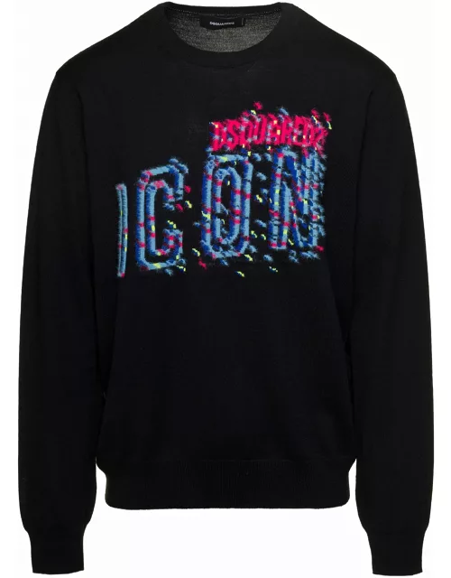 Dsquared2 Black Crewneck Sweatshirt With d-squared2 Icon Print In Cotton Man