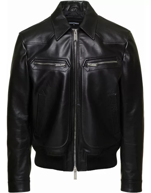 Dsquared2 Black Biker Jacket With Zip Pockets In Leather Woman