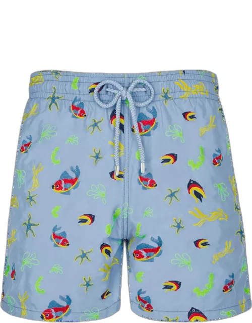 Men Swim Trunks Embroidered Naive Fish - Limited Edition - Swimming Trunk - Mistral - Blue
