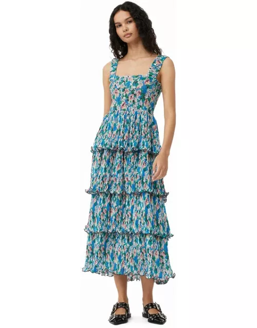 GANNI Pleated Georgette Smock Midi Dress in Floral Azure Blue