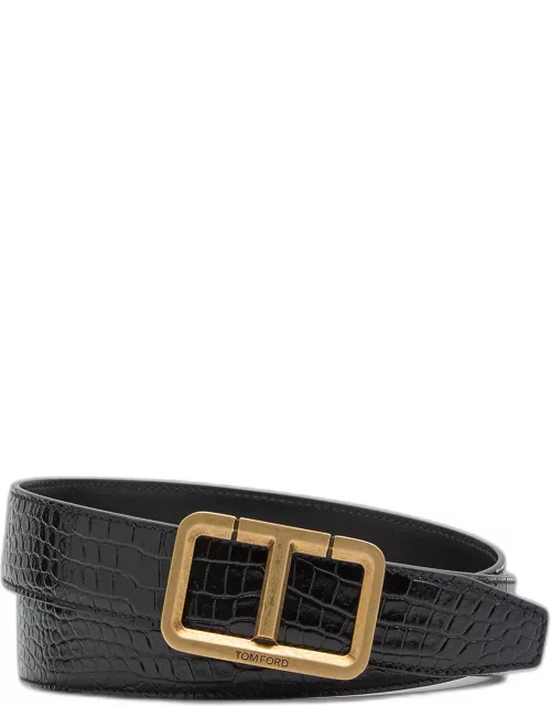 Men's Alligator-Print Leather T-Buckle Belt