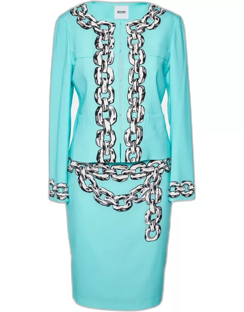 Moschino Cheap & Chic Turquoise Blue Crepe Chain printed Blazer & Mini Skirt Set