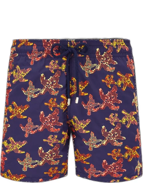 Men Swim Shorts Embroidered Water Colour Turtles - Limited Edition - Swimming Trunk - Mistral - Blue