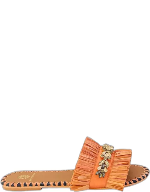 Semira orange raffia slippers with stone
