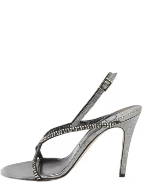Gina Metallic Grey Leather Crystal Embellished Slingback Sandal