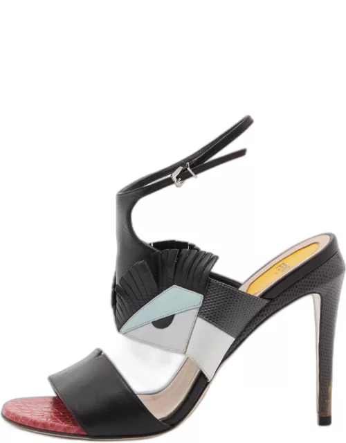 Fendi Tricolor Leather and Embossed Lizard Monster Eye Ankle Strap Sandal