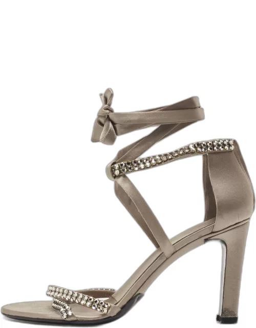 Gucci Grey Satin Crystal Embellished Ankle Wrap Sandal