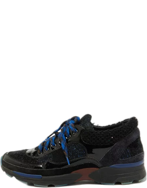 Chanel Black/Blue Tweed and Patent Leather CC Low Top Sneaker