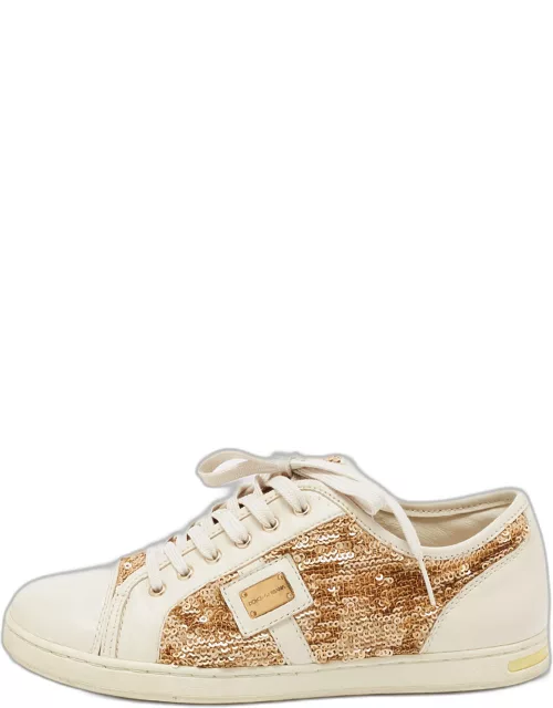 Dolce & Gabbana Cream Leather and Sequin Embellished Low Top Sneaker