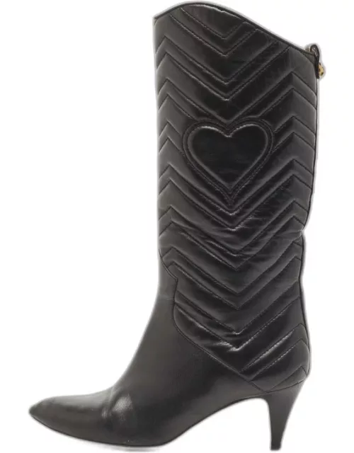 Gucci Black Leather Matelasse GG Mid Calf Pointed Toe Boot