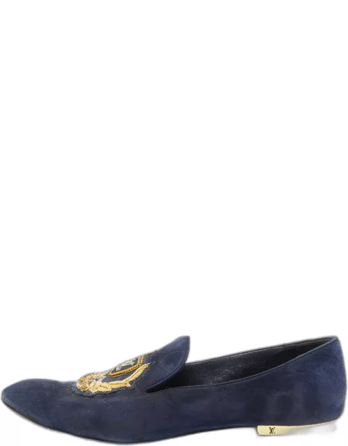 Louis Vuitton Navy Blue Suede Embroidered Smoking Slipper