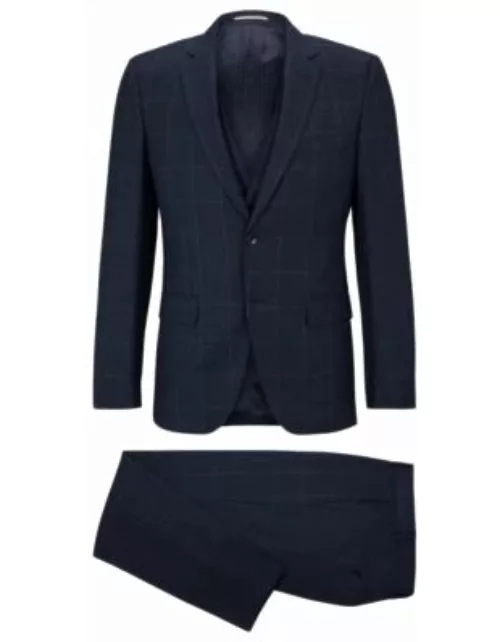 Three-piece slim-fit suit in checked virgin wool- Dark Blue Men's Business Suit