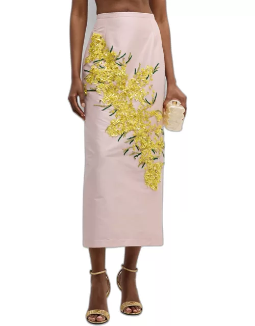 Norma Floral Beaded Taffeta Midi Skirt
