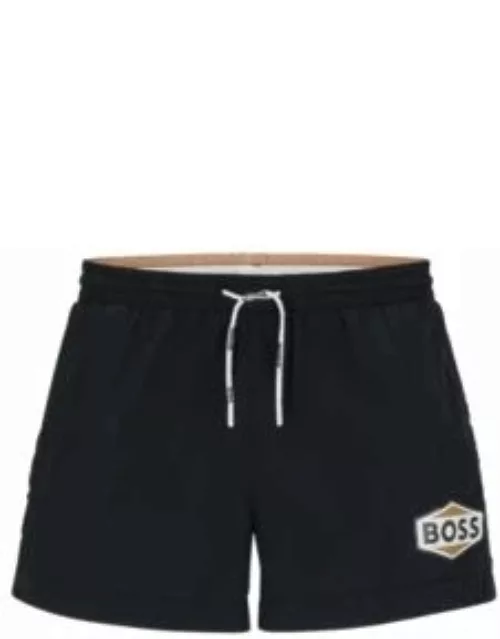 Quick-drying swim shorts with logo details- Black Men's Swim Short
