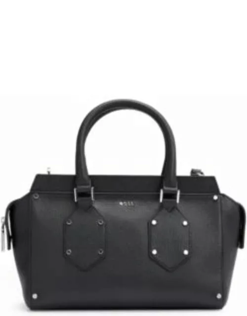 Tote bag in grained leather with polished logo lettering- Black Women's Tote Bag