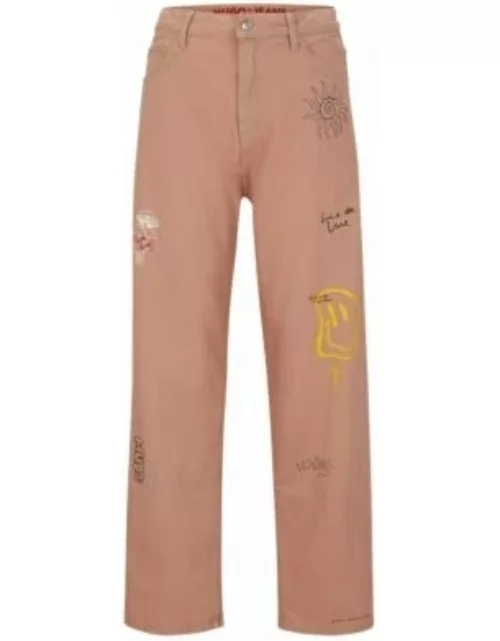 Relaxed-fit jeans in overdyed denim with doodle motifs- Light Orange Women's Jean