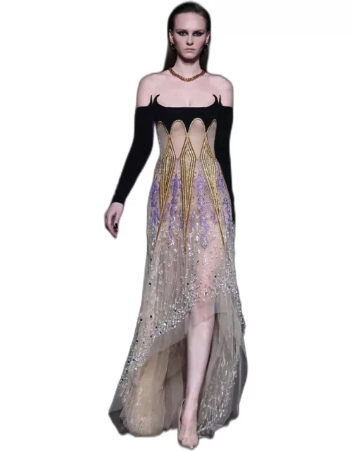 Georges Hobeika Beaded Tulle Illusion Dress with High-Low He