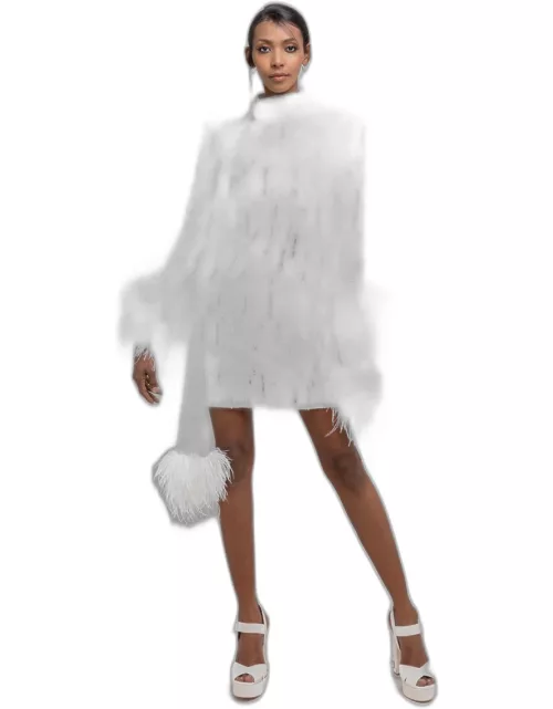 Jean Fares Couture Feathered Long Sleeve Mini Dres