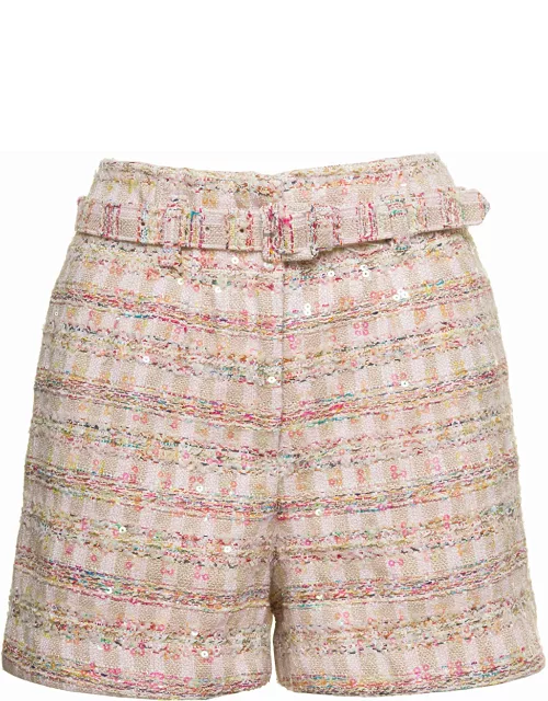 self-portrait Pink Shorts With Matching Belt And Paillettes In Tweed Woman