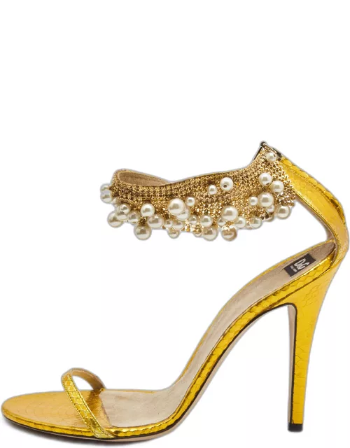Dolce & Gabbana Metallic Yellow Python Embossed Leather Embellished Ankle Strap Sandal
