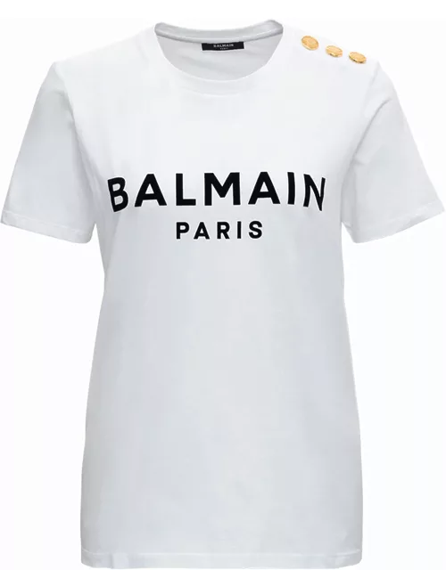 Balmain White T-shirt With Black Logo And Golden Button