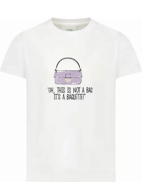 Fendi T-shirt Bianca Per Bamina Con Doppia F E Scritta