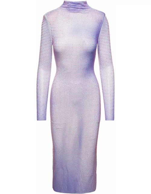 self-portrait Midi Purple Dress With All-over Tonal Rhinestones In Fishnet Woman