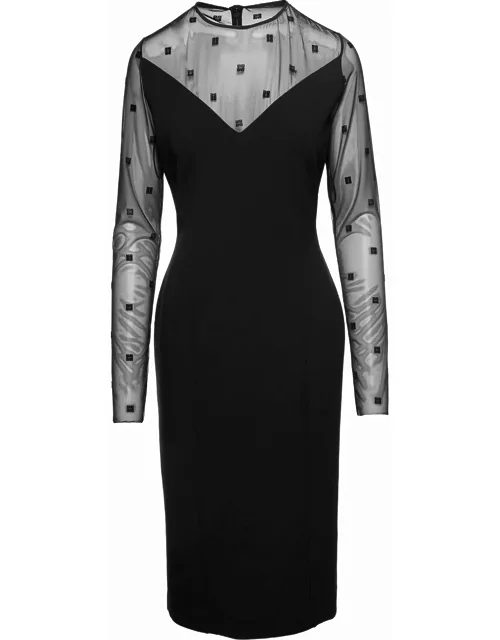 Givenchy Midi Black Dress With Long Sleeves And 4g Logo Tulle Inserts In Viscose Blend Woman
