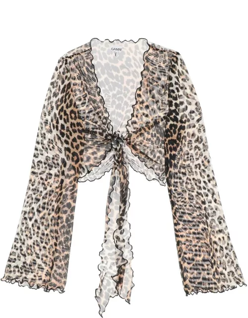 GANNI COVER UP CROPPED TOP IN MESH WITH LEOPARD PRINT