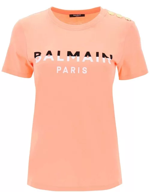 BALMAIN T-SHIRT WITH FLOCKED PRINT AND GOLD-TONE BUTTON