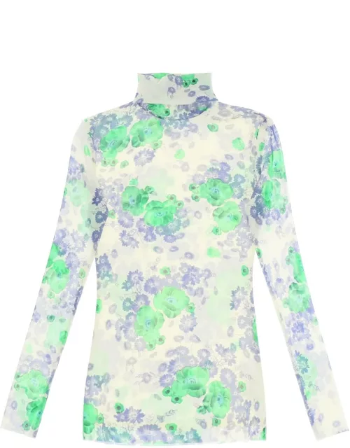 GANNI LONG-SLEEVED TOP IN MESH WITH FLORAL PATTERN