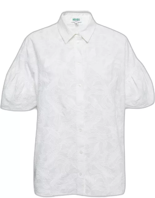 Kenzo White Floral Embroidered Cotton Short Sleeve Shirt