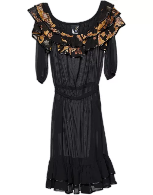 Just Cavalli Black Printed Silk Tiered Midi Dress