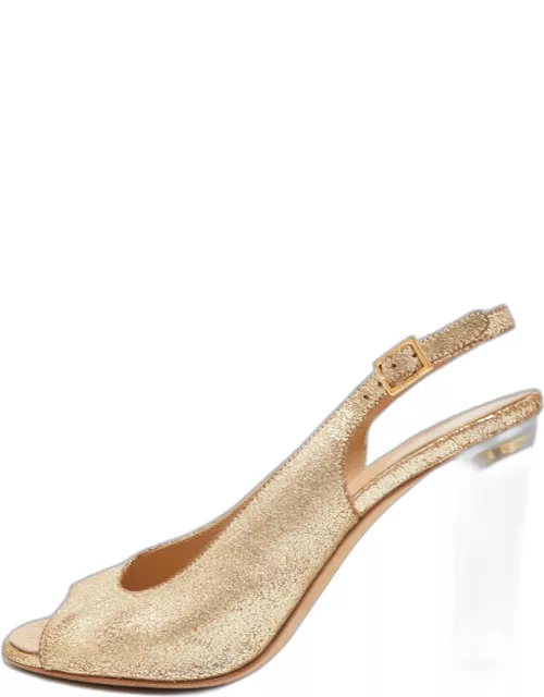 Chanel Gold Crackled Leather Glitter CC Lucite Heel Peep Toe Slingback Sandal
