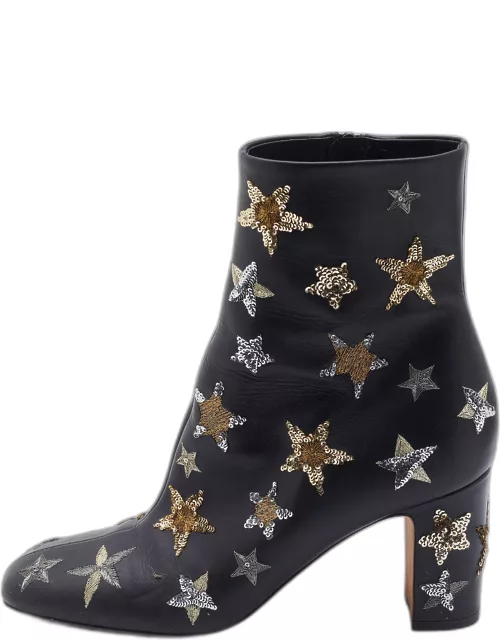 Valentino Black Leather Embroidered Sequin/Stars Ankle Length Boot