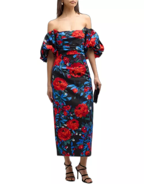 Floral Print Midi Dress with Puff Sleeve
