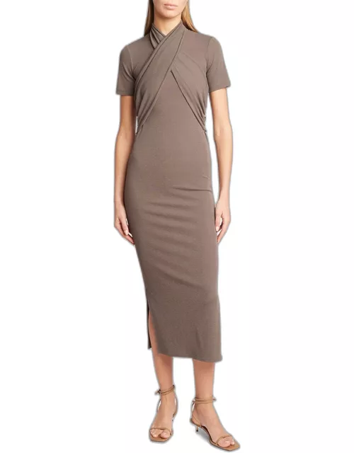 Knit Draped-Front Fitted Midi Dres