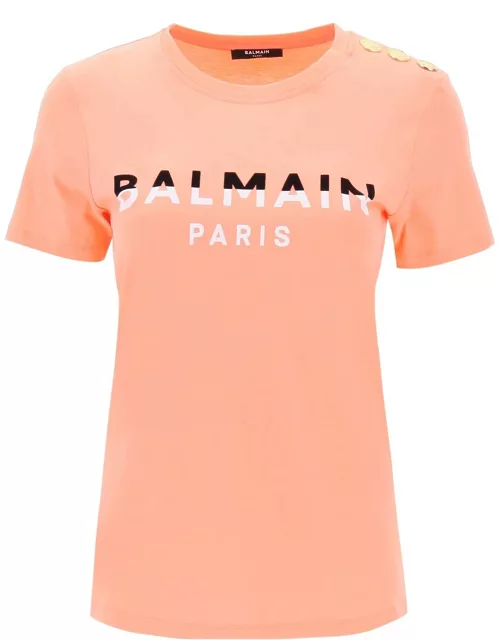 Balmain T-shirt With Flocked Print And Gold-tone Button
