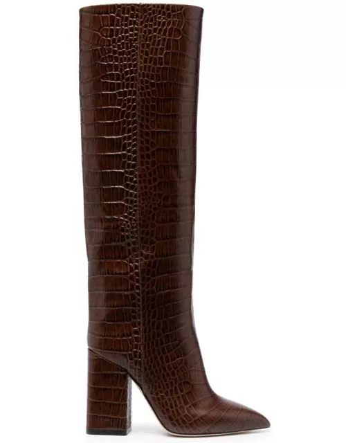 Paris Texas Chocolate Brown High Boots With Block Heel In Croco Printed Leather Woman