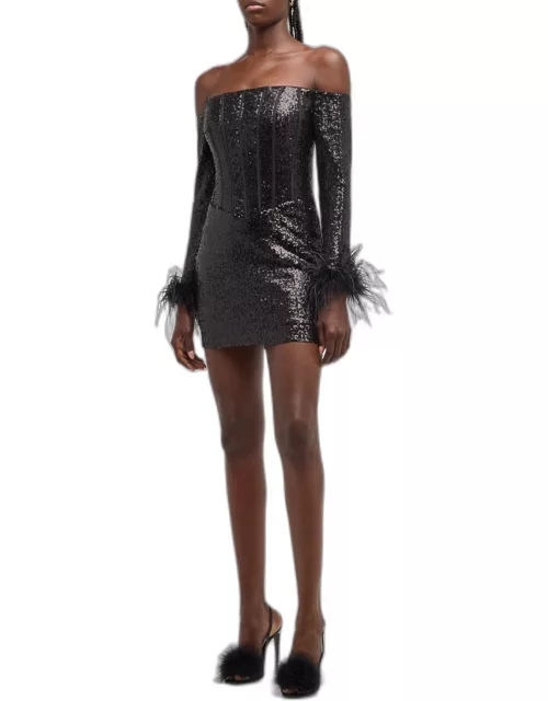 Off-Shoulder Feather-Trim Sequin Mini Dres