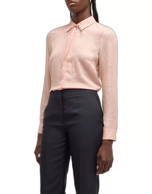 Lurex Georgette Button-Front Shirt with Thin Bow Detai