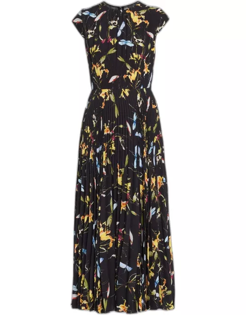 Floral-Print Pleated Crepe Midi Day Dres