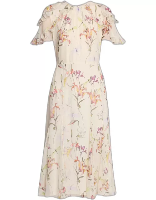 Floral Flutter-Sleeve Chiffon Day Dres