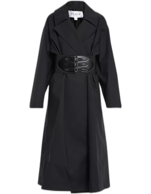 Long Trench Coat with Leather Corset Belt