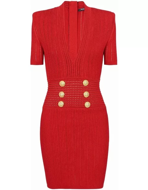 Red short knit dress with V-neckline