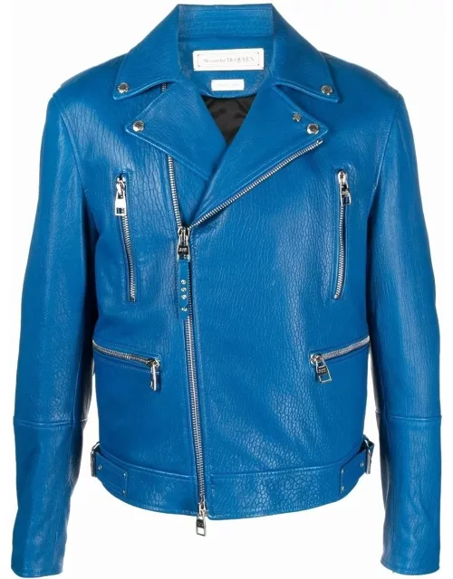 Blue biker jacket with off-center closure